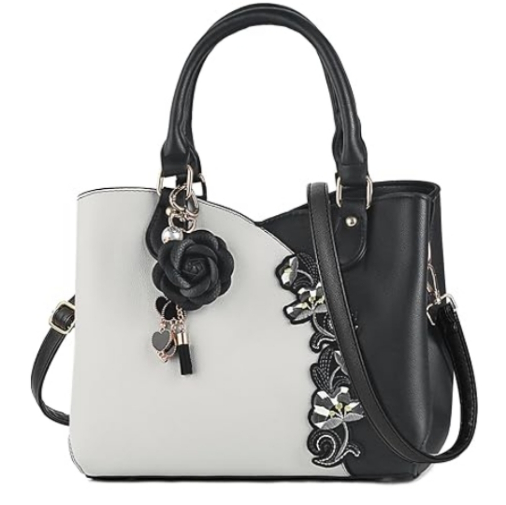 Handbag Embroidery Top Handle Satchel Shoulder Bag Tote Purse Black Beige